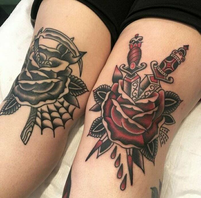 Rose and dagger knee tattoos with bold colors and intricate designs.