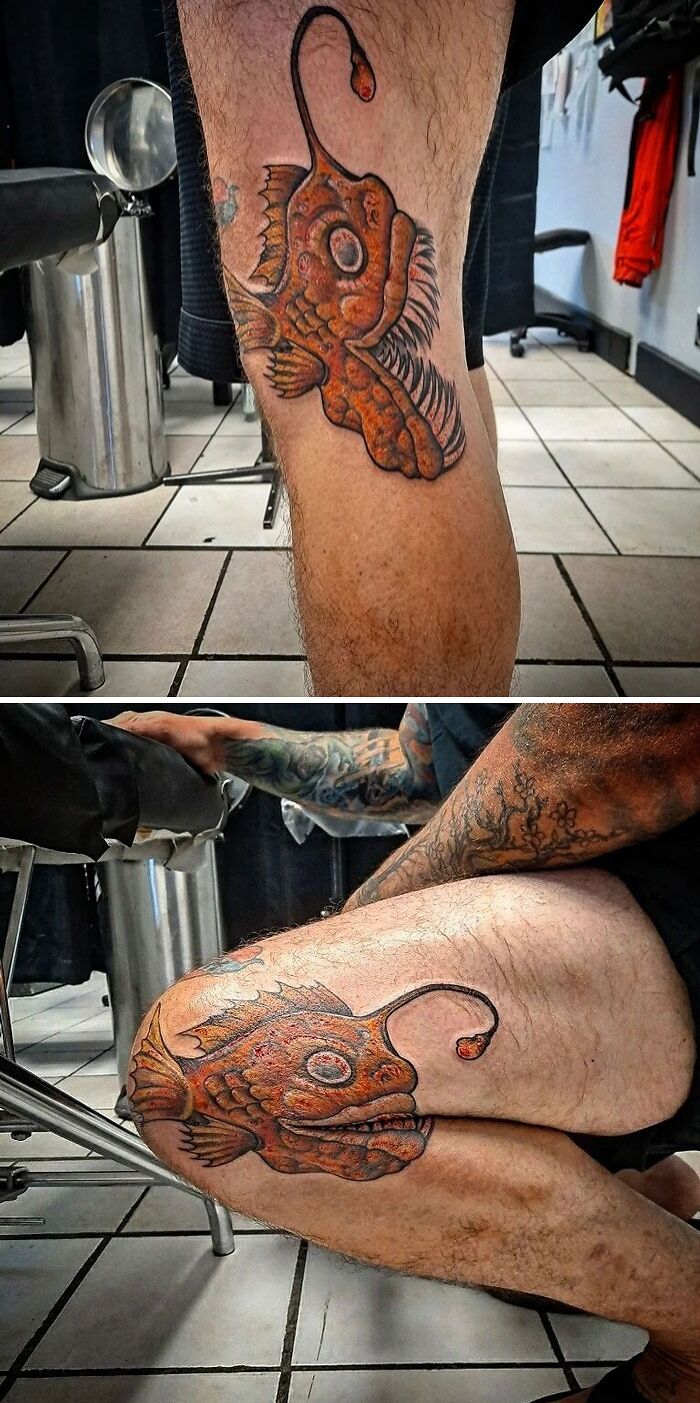 Orange fish knee tattoo