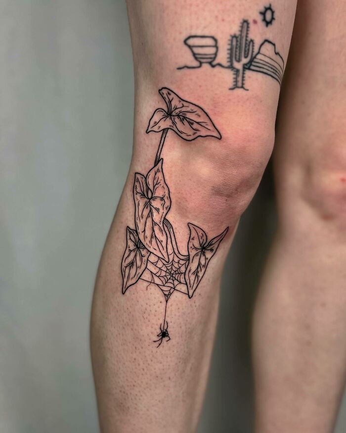 An arrowhead vine around the knee with a spider tattoo