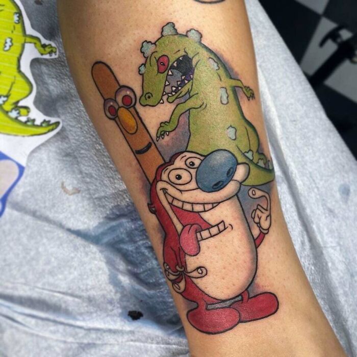 90’s Nick Tribute cartoon characters leg tattoo