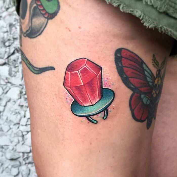 90's red blue candy ring leg Tattoo