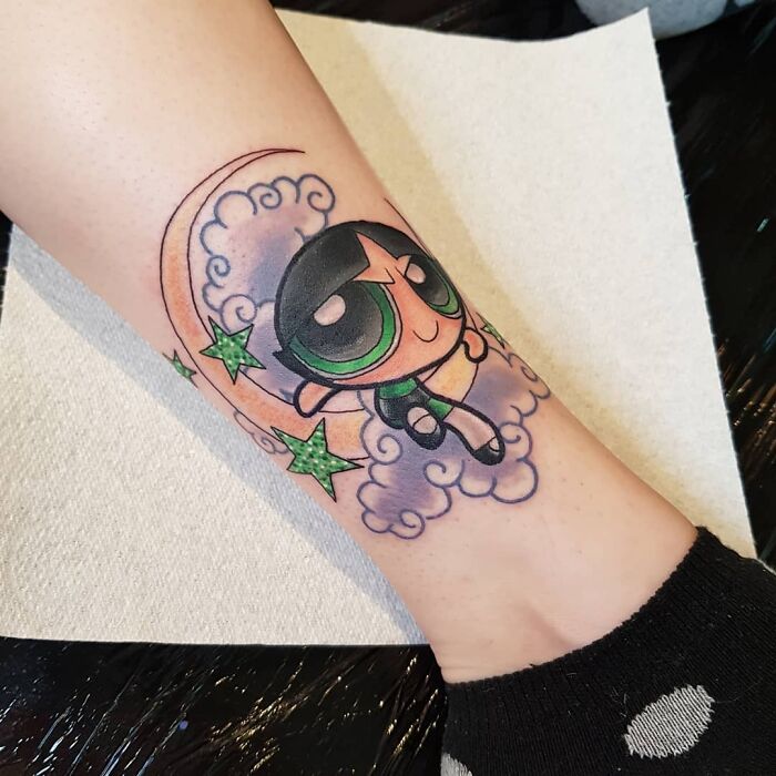 Green Powerpuff Girl with moon leg Tattoo