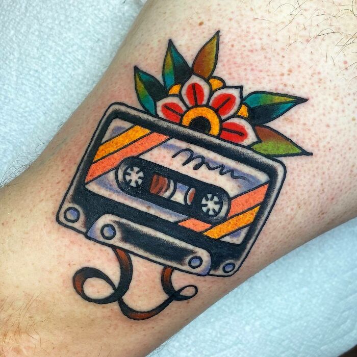 90's colorful cassette with flowers Tattoo