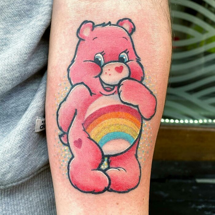 90's pink Bear with rainbow stomach arm Tattoo