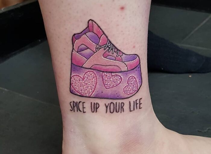 Spice Up Your Life pink and purple shoe leg tattoo