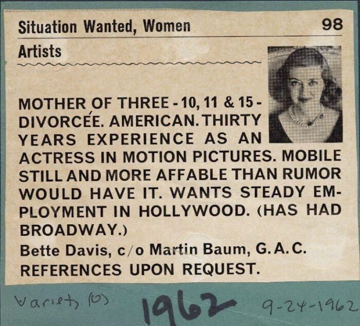 In 1962, Bette Davis Placed This Ad In Variety