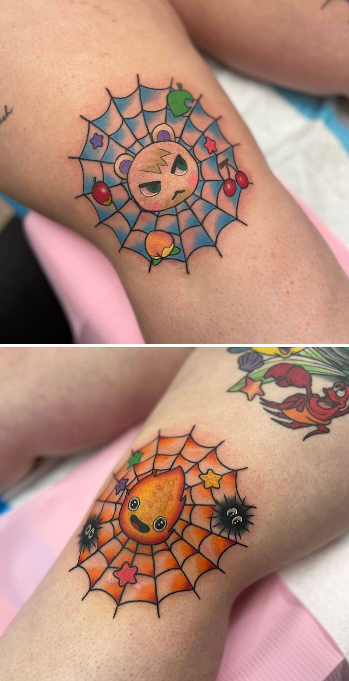 Animal Crossing bear and Calcifer and fruits Knee tattoo