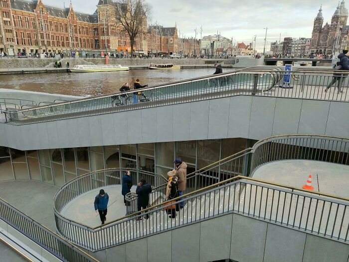 Another Image Of The New Bicycle Storage In Amsterdam, With Space For 7000 Bikes Below The Water In Front Of Central Station