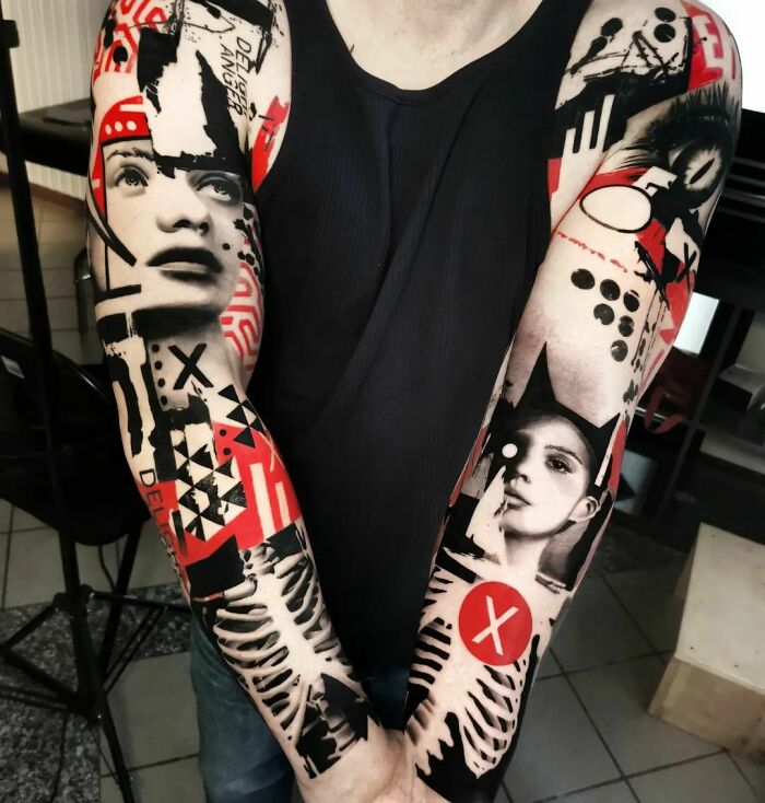 Arm sleeve tattoos with woman faces and geometry