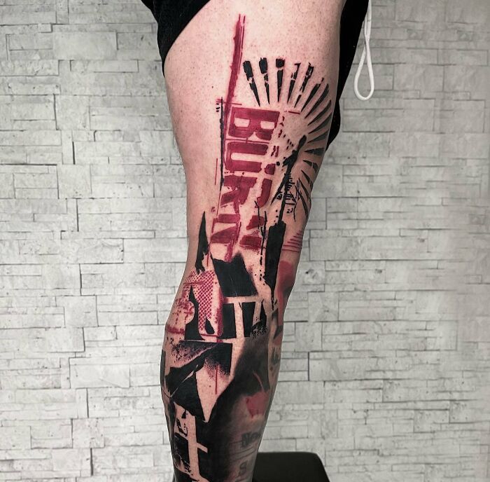 Trash Polka tattoo on leg