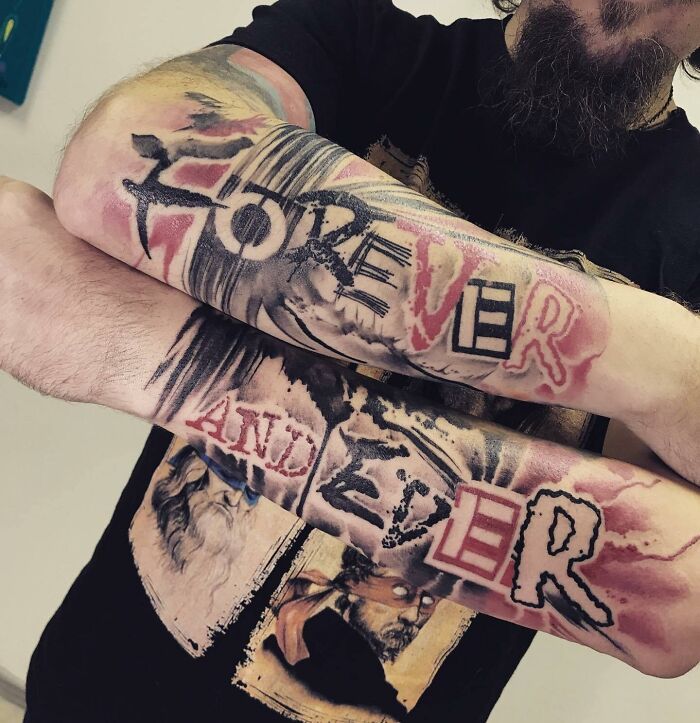 Forever And Ever text Trash Polka tattoo on arms