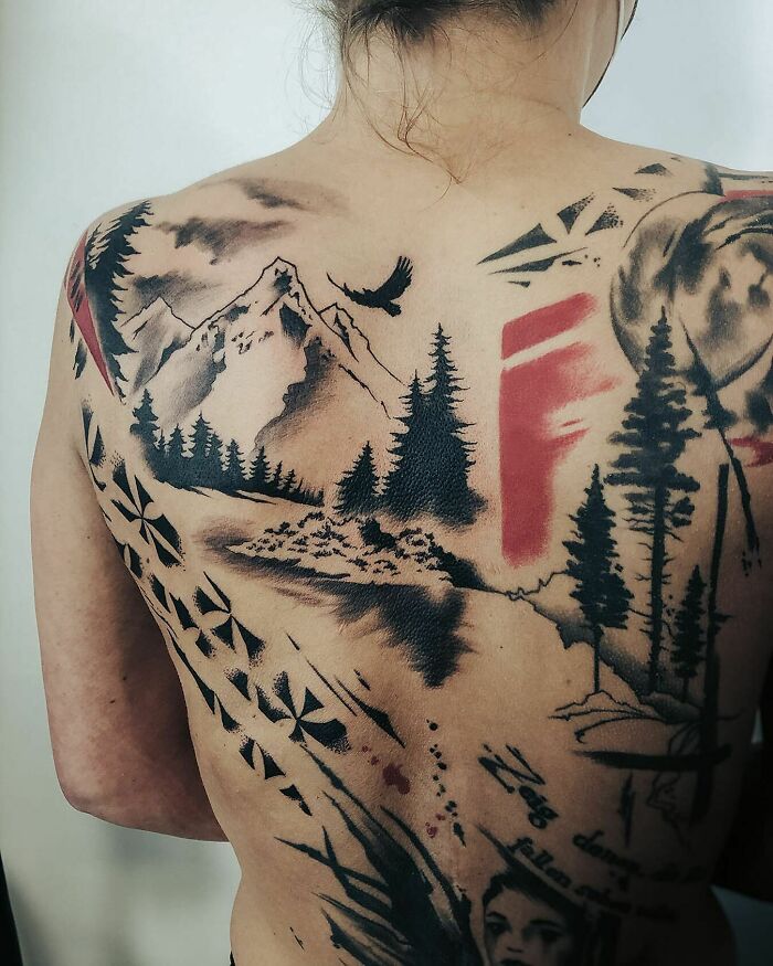 Trash Polka large back tattoo with nature view