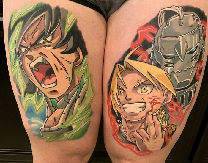 Dragon Ball Broly And Full Metal Alchemist brothers Anime leg Tattoos
