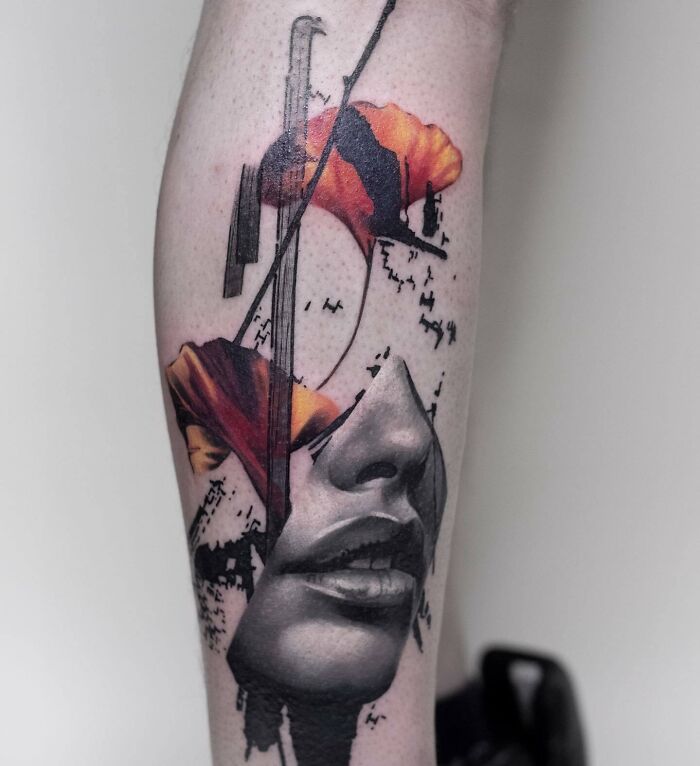 Realistic and abstract tattoo with woman face and flowers