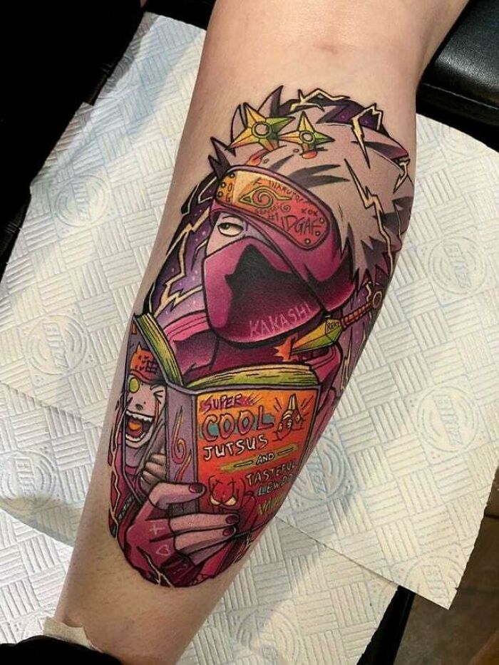 Vaporwave Kakashi reading leg Tattoo From Naruto