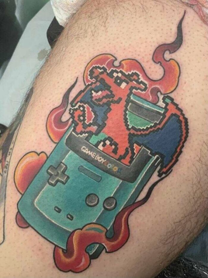 Red Charizard In A Gameboy pixel Color leg Tattoo