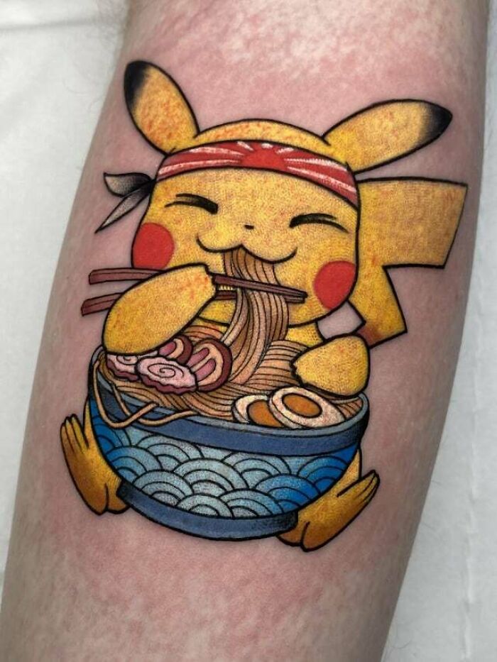 Chubby Pikachu from pokemon eating ramen arm tattoo