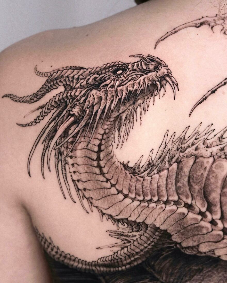 Black Ink Dragon Tattoo On the Back