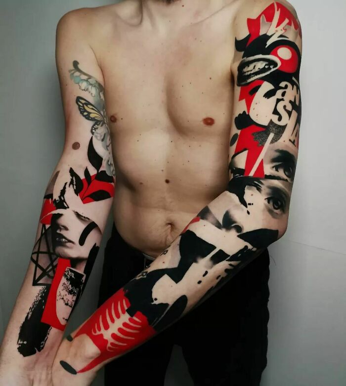 Man displaying intricate trash polka tattoos on his arms, featuring bold red and black patterns.
