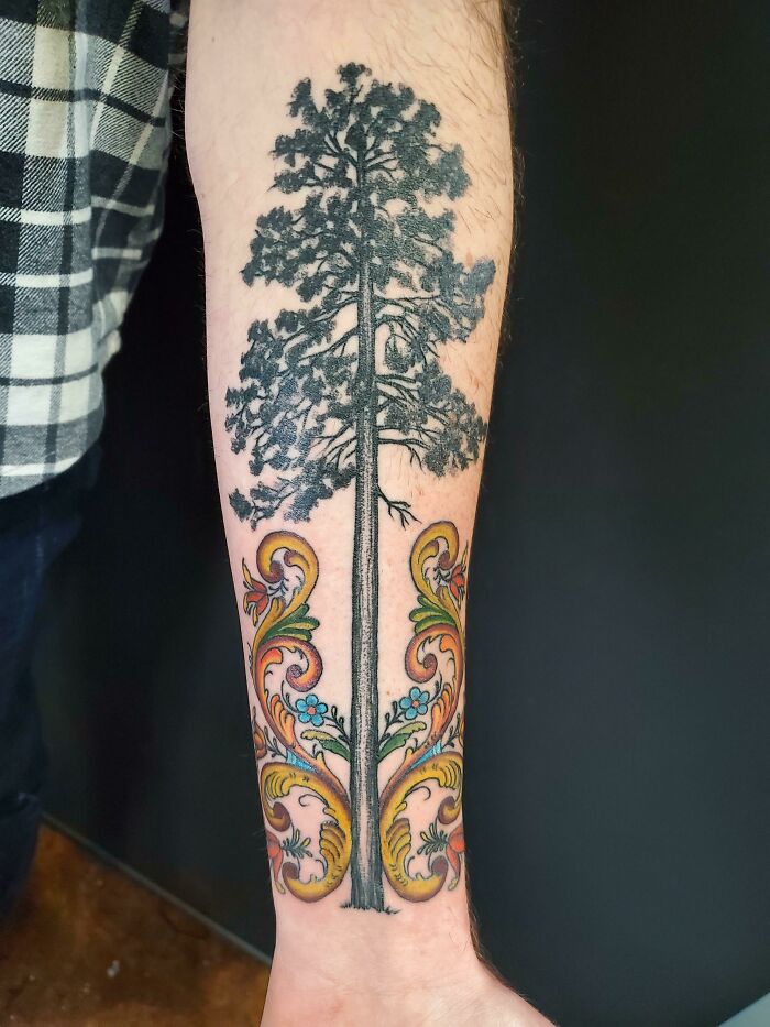 Red Pine And Rosemaling Tattoo