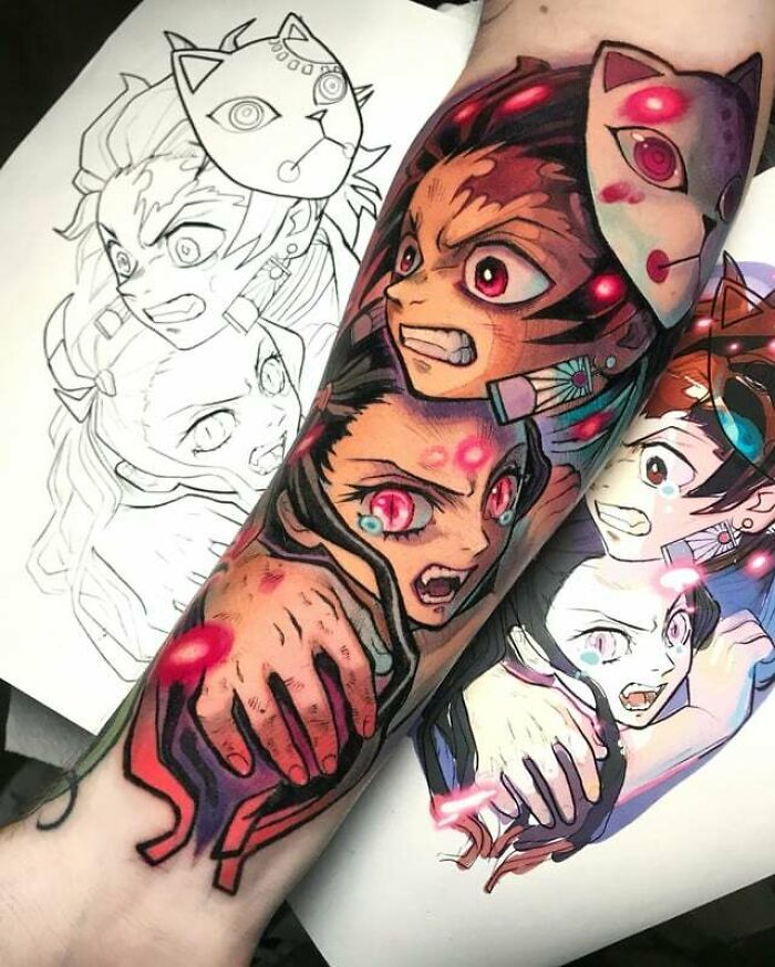 Demon Slayer Tanjiro And Nezuko hugging each other arm Tattoo