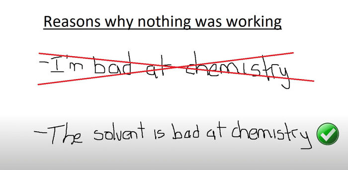 Meme about solvent being bad at chemistry 