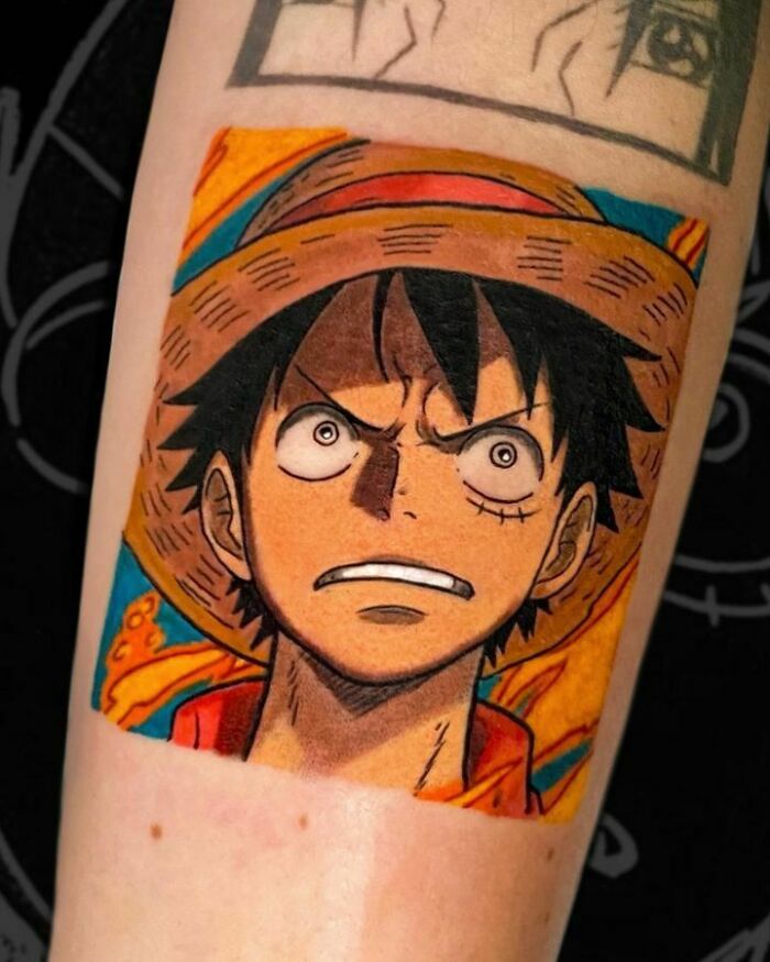 Luffy angry wearing hat Tattoo From One Piece