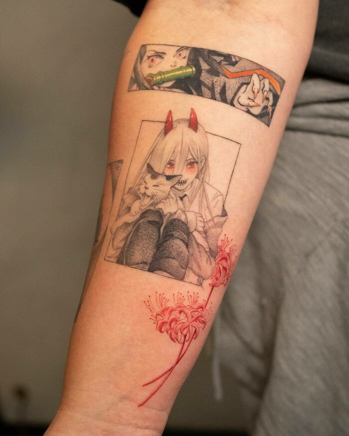 Nezuko From Demon Slayer And Power From Chainsaw Man arm Tattoo