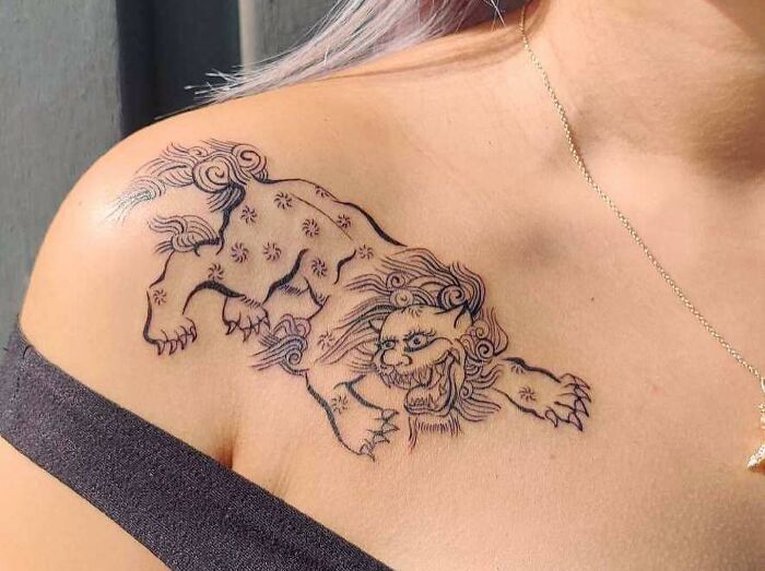 Guardian Lion Fu Dog collarbone Tattoo
