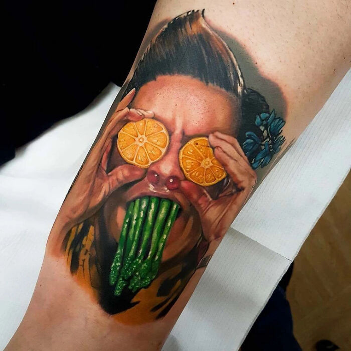 Ace Ventura with fruits and vegetables arm Tattoo