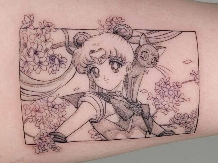 Sailor Moon And Luna with flowers tattoo