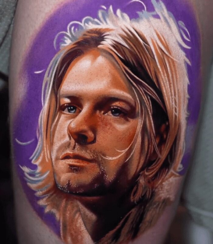 colorful Kurt Cobain Portrait Tattoo