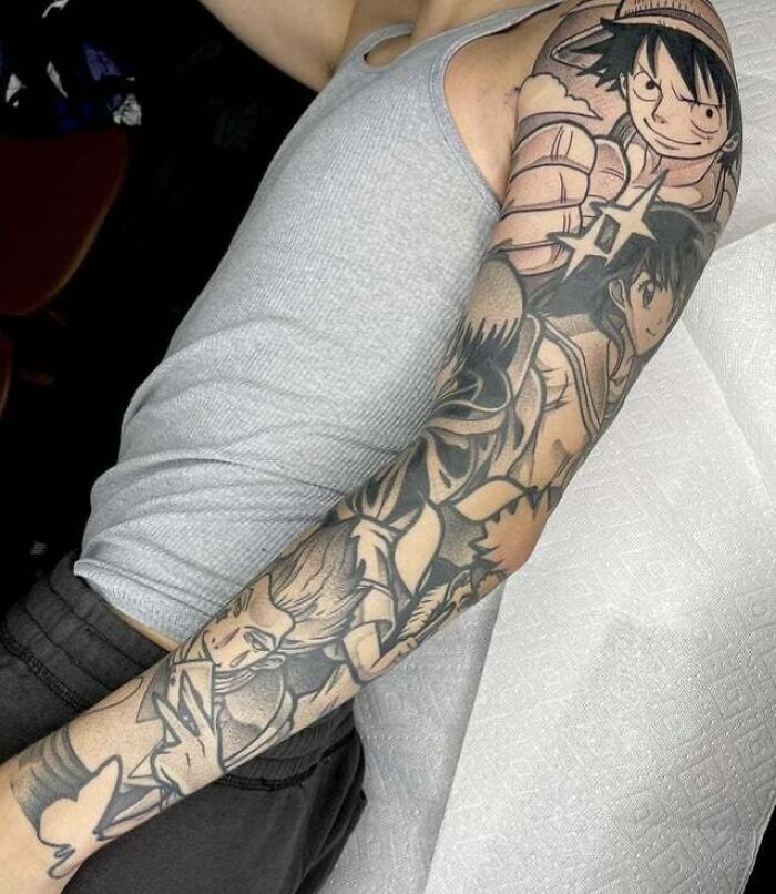 Anime arm Sleeve Tattoo Of One Piece and other anime characters
