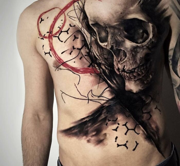 Dark large Trash Polka style tattoo with skull