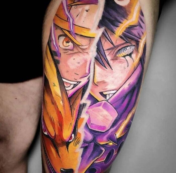 Color Naruto Vs. Sasuke leg Tattoo
