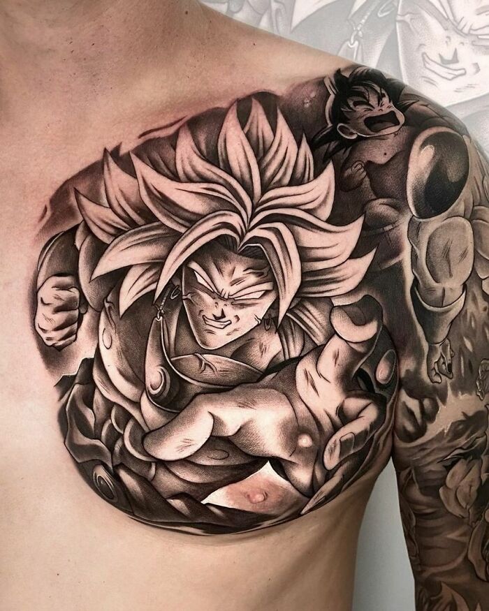 Broly smiling with kid goku crying shoulder chest Tattoo From Dragon Ball