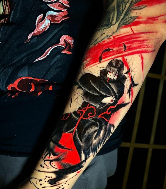 Itachi anime Trash Polka arm tattoo