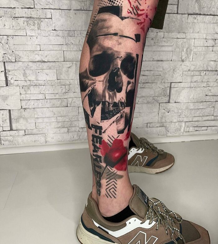 Abstract and realistic tattoo on leg with skull and poppy 