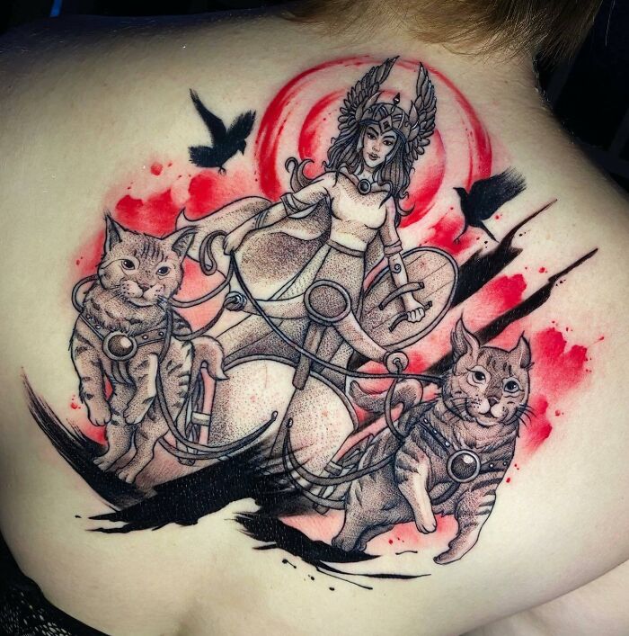 Freya and cats back tattoo