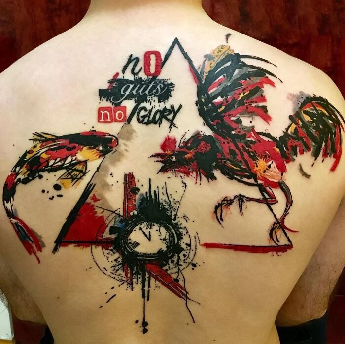 Triangle, rooster and and fish tattoo on back