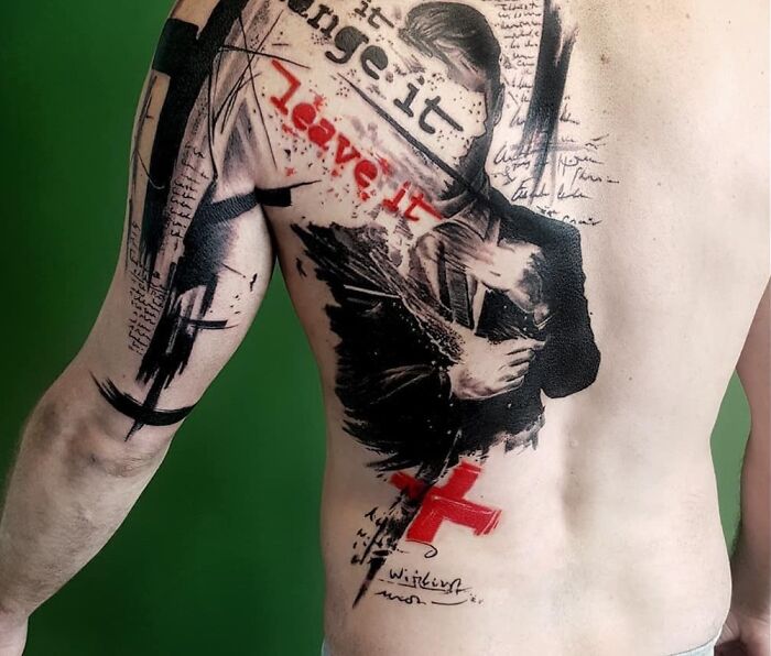 Trash Polka tattoo design featuring abstract art and red accents on a person's back.