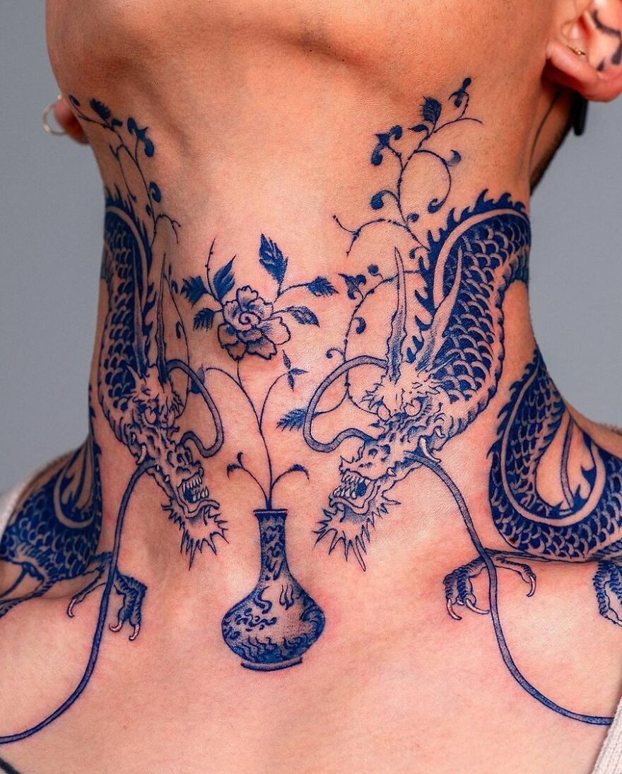 Decorative Blue Ink Neck Tattoo Of Chinese Dragons Around a vase