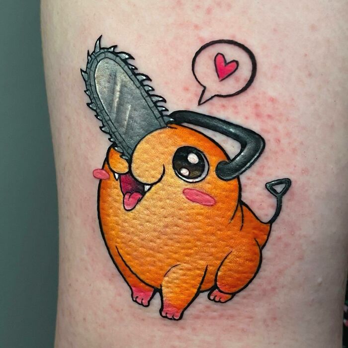 Orange color Pochita smiling Tattoo From Chainsaw Man