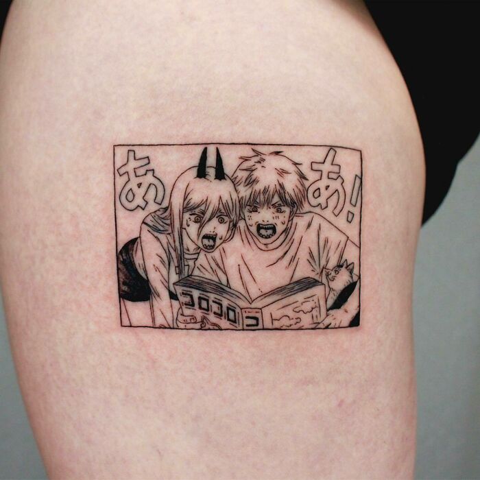 Denji And Power reading Tattoo From Chainsaw Man