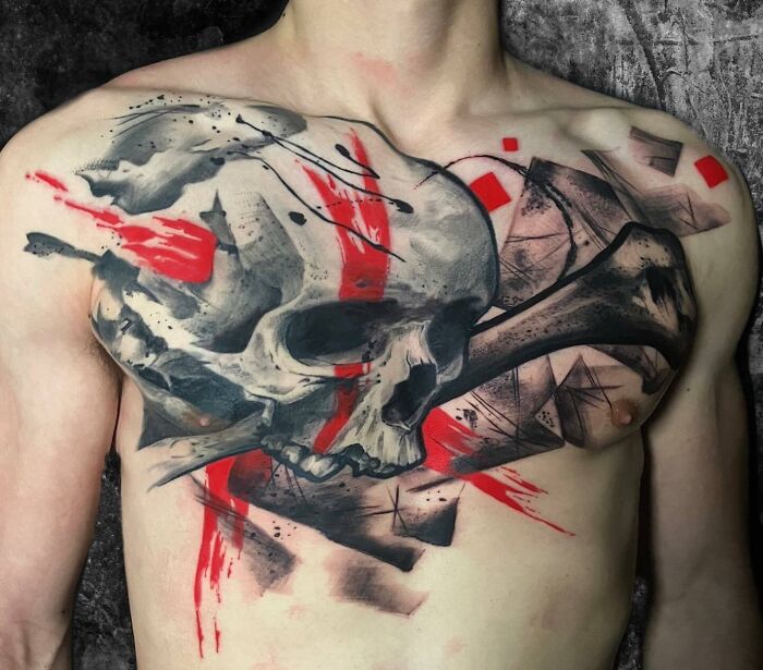 Large Skull and bone Tattoo On Chest