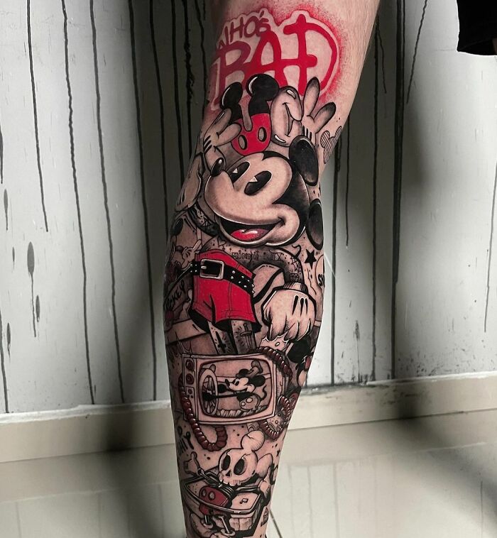 Mickey Trash Polka style tattoo on leg