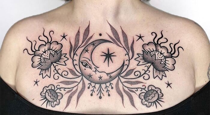 Big Moon And Flowers chest Tattoo