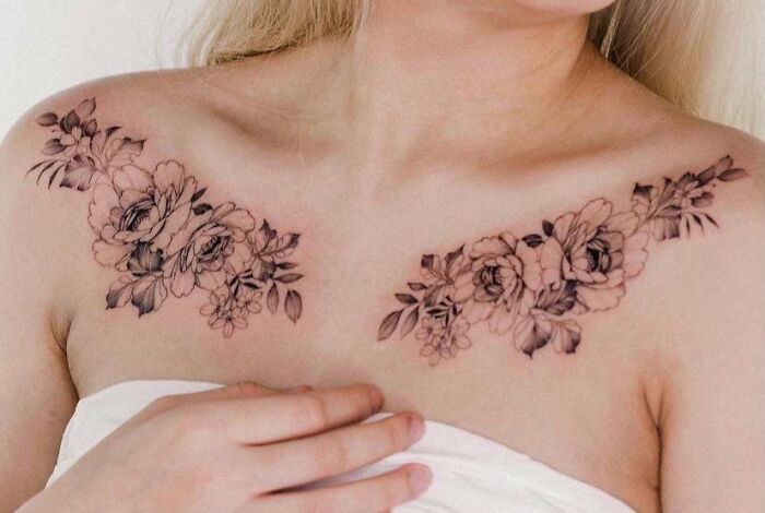 Floral Peony Collarbone Tattoo