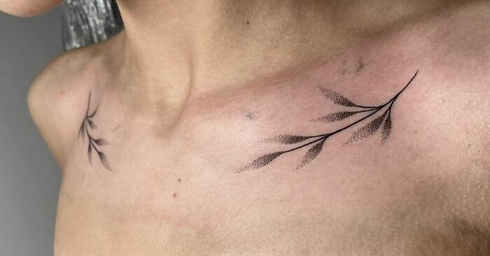 Dotted Leaves On Collarbone Tattoo