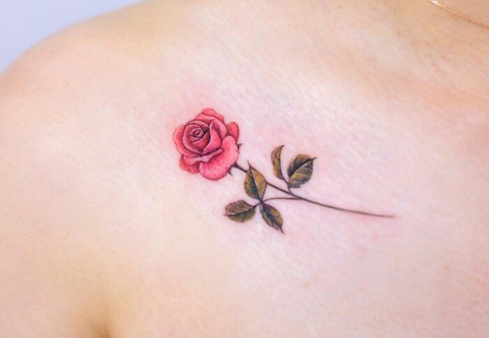 Pink Rose Collarbone Tattoo